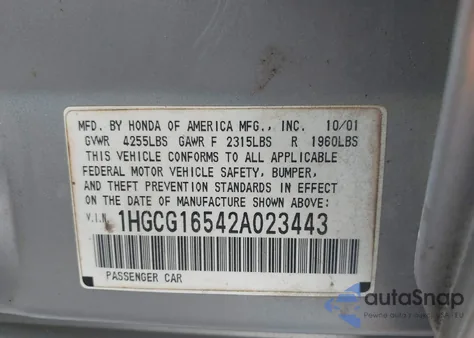 2002 Honda Accord 3.0 Ex z USA, uszkodzony, nr VIN 1HGCG16542A023443